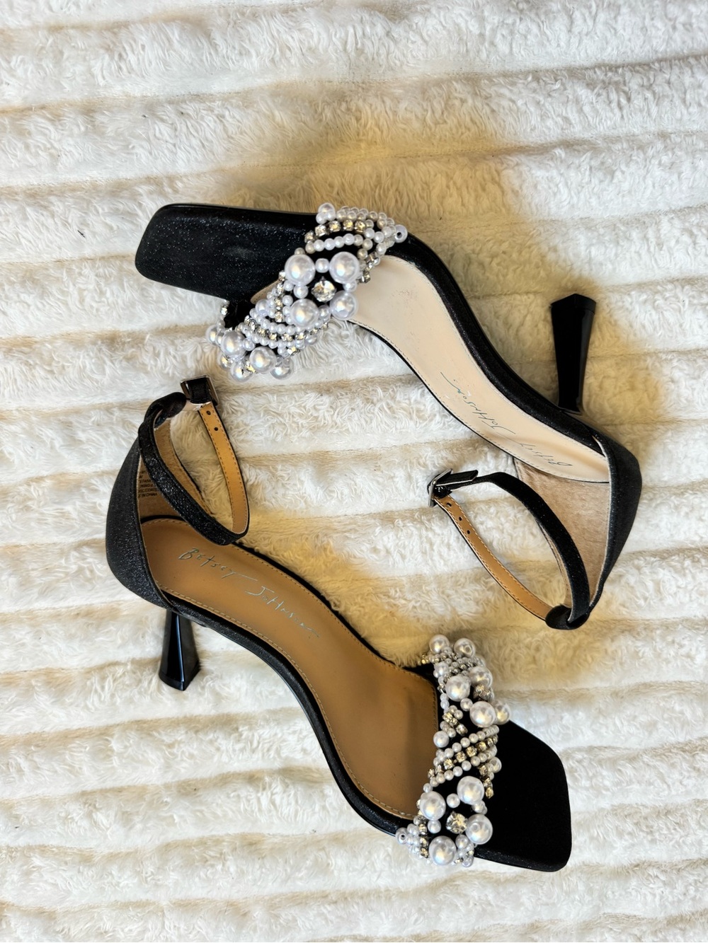Betsey Johnson Black Pearl & Crystal Embellished Heels